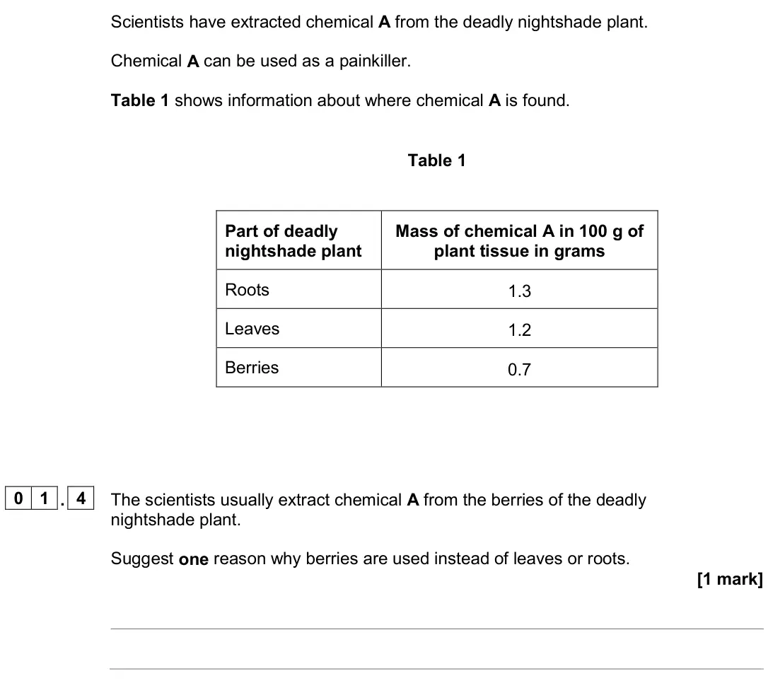 June 2023 Paper 1 Higher, question 01.4: The scientists usually extract chemical A from the berries of the deadly nightshade plant. Suggest one reason why berries are used instead of leaves or roots. [