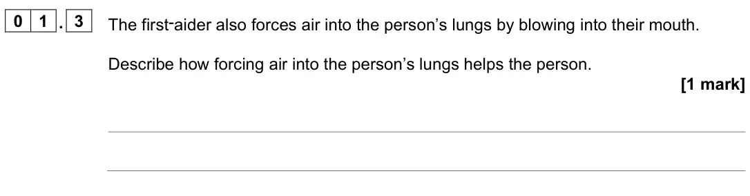 June 2024 Paper 1 Higher, question 01.3: The first-aider also forces air into the person’s lungs by blowing into their mouth. Describe how forcing air into the person’s lungs helps the person. [1 mark]