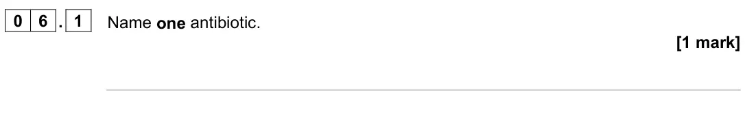 June 2024 Paper 1 Higher, question 06.1: Name one antibiotic. [1 mark]