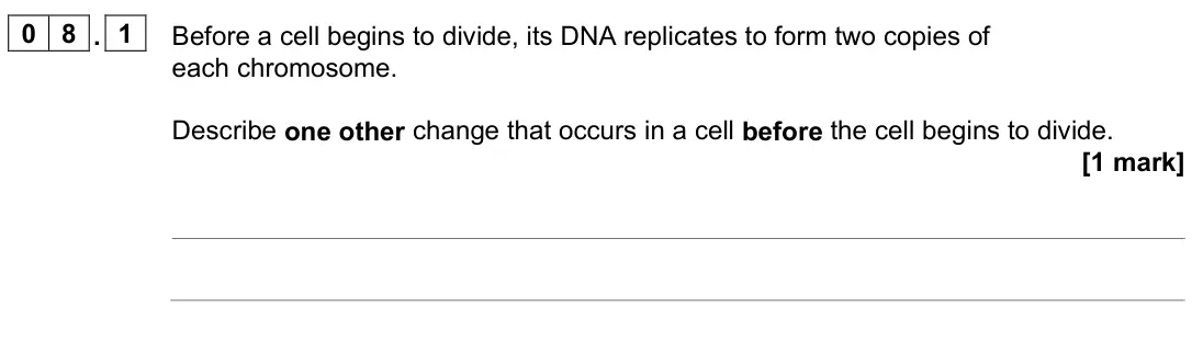 June 2024 Paper 1 Higher, question 08.1: Before a cell begins to divide, its DNA replicates to form two copies of each chromosome. Describe one other change that occurs in a cell before the cell begins