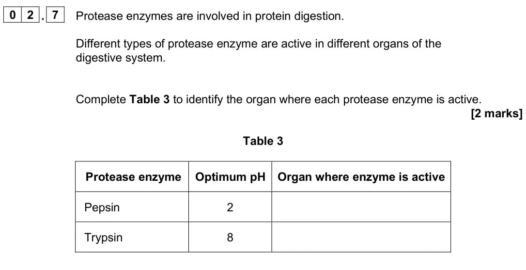 June 2025 Paper 1 Higher, question 02.7: Protease enzymes are involved in protein digestion. Different types of protease enzyme are active in different organs of the digestive system. Complete Table 3