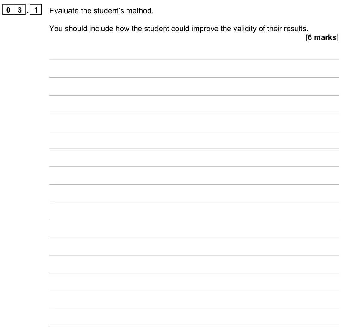 June 2025 Paper 1 Higher, question 03.1: Evaluate the student’s method. You should include how the student could improve the validity of their results. [6 marks]
