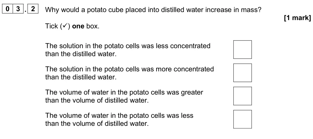 June 2025 Paper 1 Higher, question 03.2: Why would a potato cube placed into distilled water increase in mass? [1 mark] Tick () one box. The solution in the potato cells was less concentrated than the