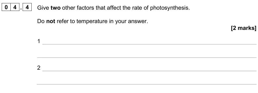 June 2025 Paper 1 Higher, question 04.4: Give two other factors that affect the rate of photosynthesis. Do not refer to temperature in your answer. [2 marks] 1 2