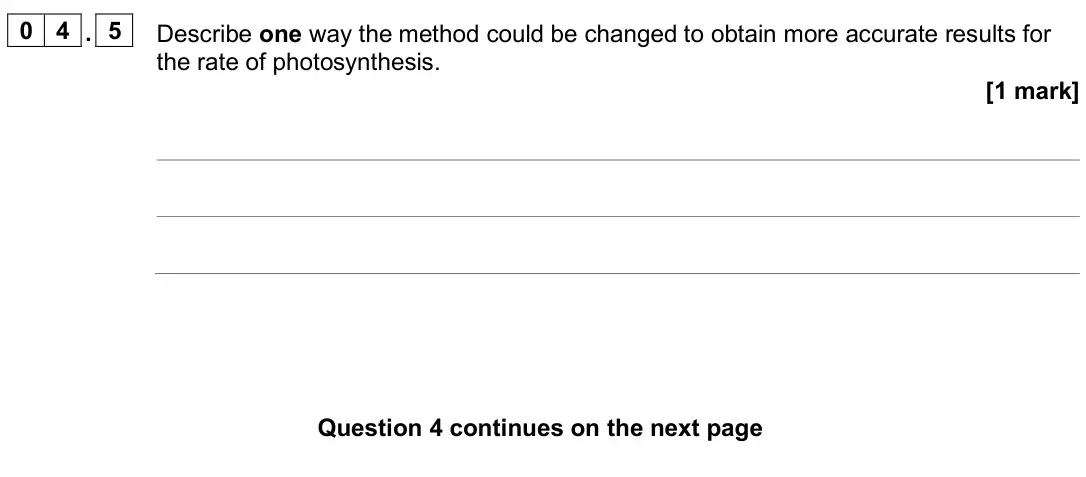 June 2025 Paper 1 Higher, question 04.5: Describe one way the method could be changed to obtain more accurate results for the rate of photosynthesis. [1 mark]