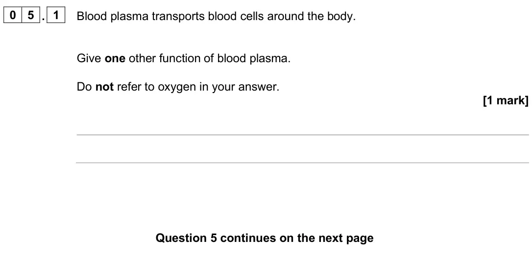 June 2025 Paper 1 Higher, question 05.1: Blood plasma transports blood cells around the body. Give one other function of blood plasma. Do not refer to oxygen in your answer. [1 mark]