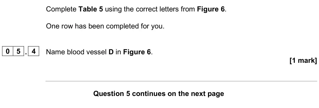 June 2025 Paper 1 Higher, question 05.4: Name blood vessel D in Figure 6. [1 mark]