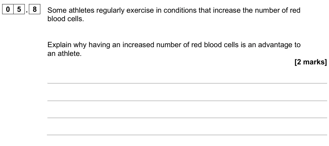 June 2025 Paper 1 Higher, question 05.8: Some athletes regularly exercise in conditions that increase the number of red blood cells. Explain why having an increased number of red blood cells is an adva
