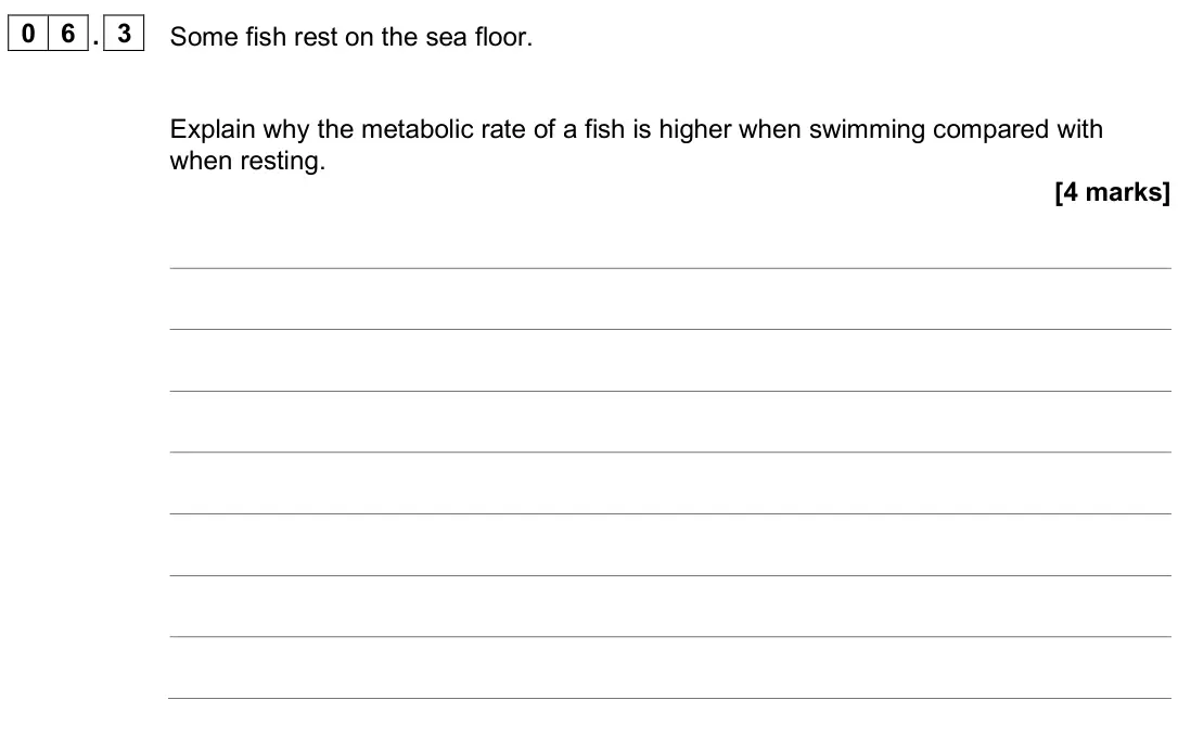 June 2025 Paper 1 Higher, question 06.3: Some fish rest on the sea floor. Explain why the metabolic rate of a fish is higher when swimming compared with when resting. [4 marks]