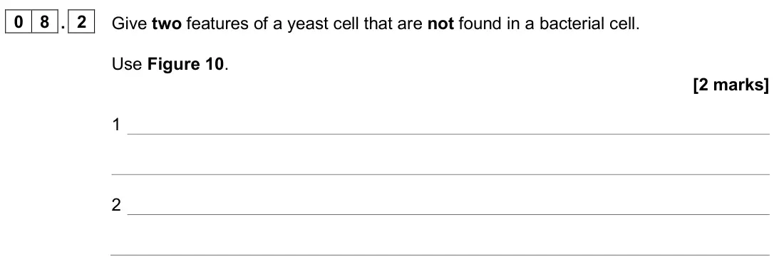 June 2025 Paper 1 Higher, question 08.2: Give two features of a yeast cell that are not found in a bacterial cell. Use Figure 10. [2 marks] 1 2