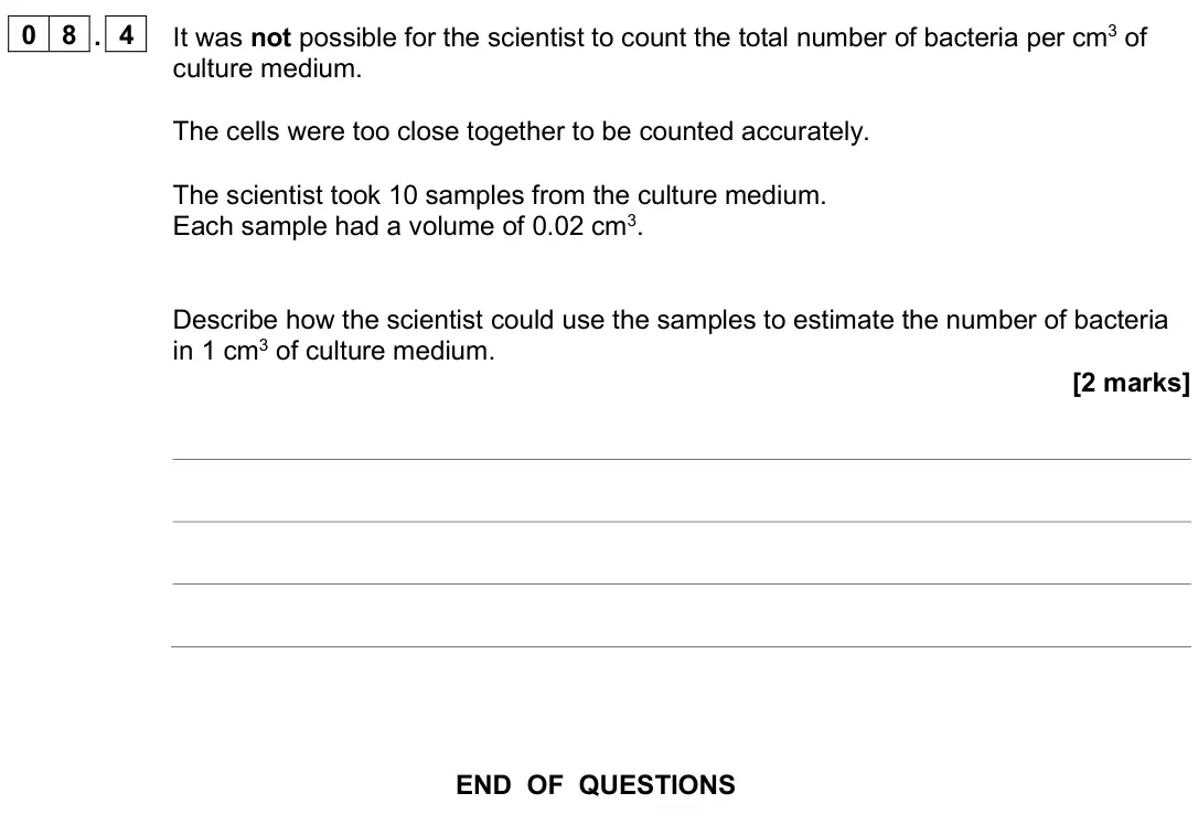 June 2025 Paper 1 Higher, question 08.4: It was not possible for the scientist to count the total number of bacteria per cm3 of culture medium. The cells were too close together to be counted accuratel