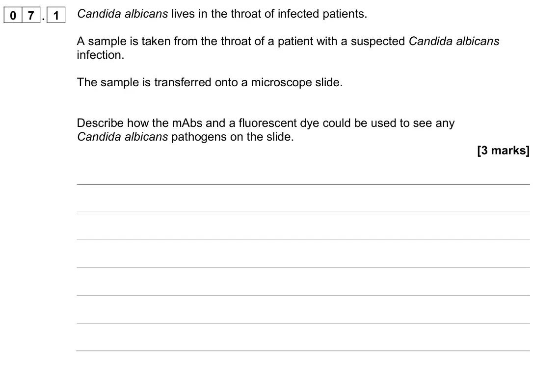 November 2020 Paper 1 Higher, question 07.1: Candida albicans lives in the throat of infected patients. A sample is taken from the throat of a patient with a suspected Candida albicans infection. The sampl