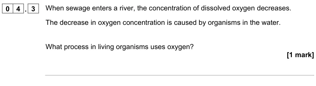 June 2022 Paper 2 Foundation, question 04.3: When sewage enters a river, the concentration of dissolved oxygen decreases. The decrease in oxygen concentration is caused by organisms in the water. What proc
