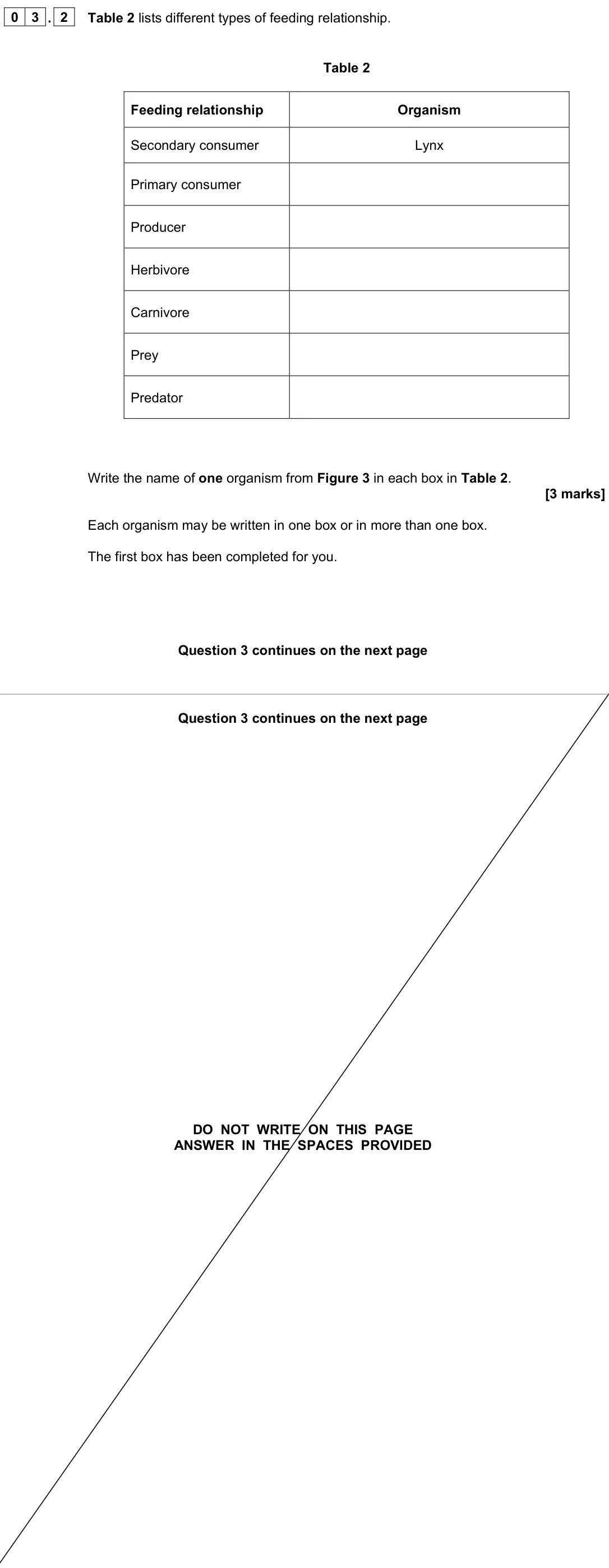 June 2023 Paper 2 Foundation, question 03.2: Table 2 lists different types of feeding relationship. Table 2 Feeding relationship Organism Secondary consumer Lynx Primary consumer Producer Herbivore Carnivo