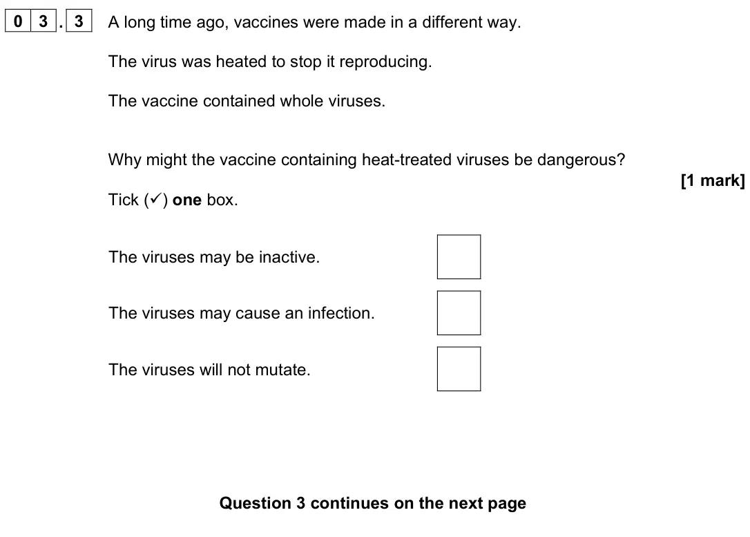 June 2024 Paper 2 Foundation, question 03.3: A long time ago, vaccines were made in a different way. The virus was heated to stop it reproducing. The vaccine contained whole viruses. Why might the vaccine