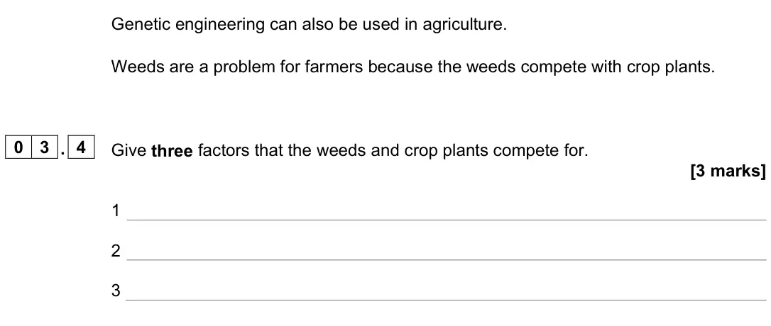 June 2024 Paper 2 Foundation, question 03.4: Give three factors that the weeds and crop plants compete for. [3 marks] 1 2 3