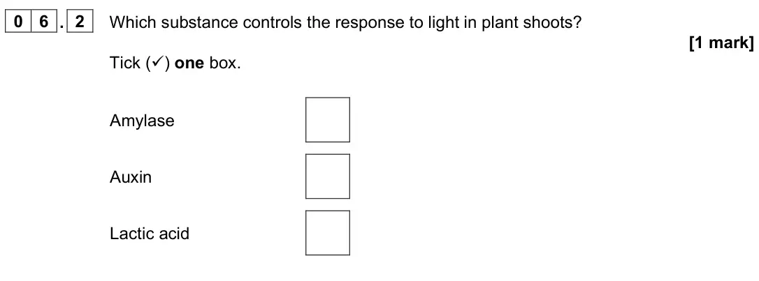 June 2024 Paper 2 Foundation, question 06.2: Which substance controls the response to light in plant shoots? [1 mark] Tick () one box. Amylase Auxin Lactic acid