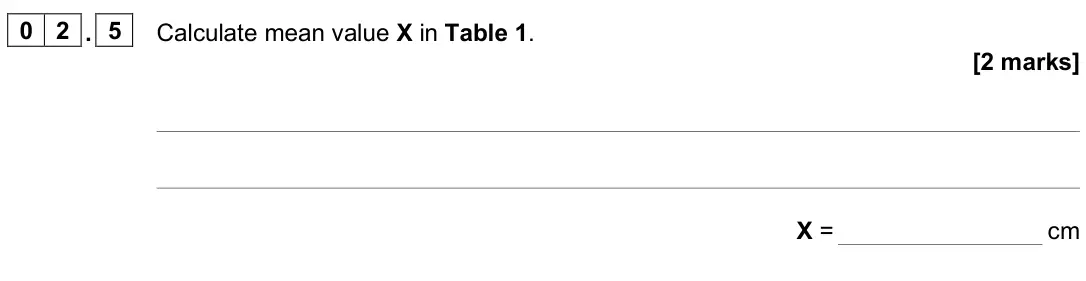 June 2025 Paper 2 Foundation, question 02.5: Calculate mean value X in Table 1. [2 marks] X = cm