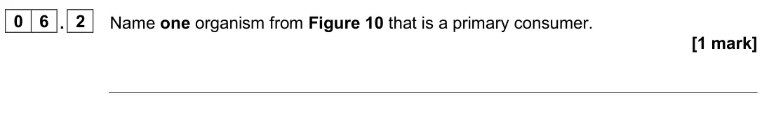 June 2025 Paper 2 Foundation, question 06.2: Name one organism from Figure 10 that is a primary consumer. [1 mark]