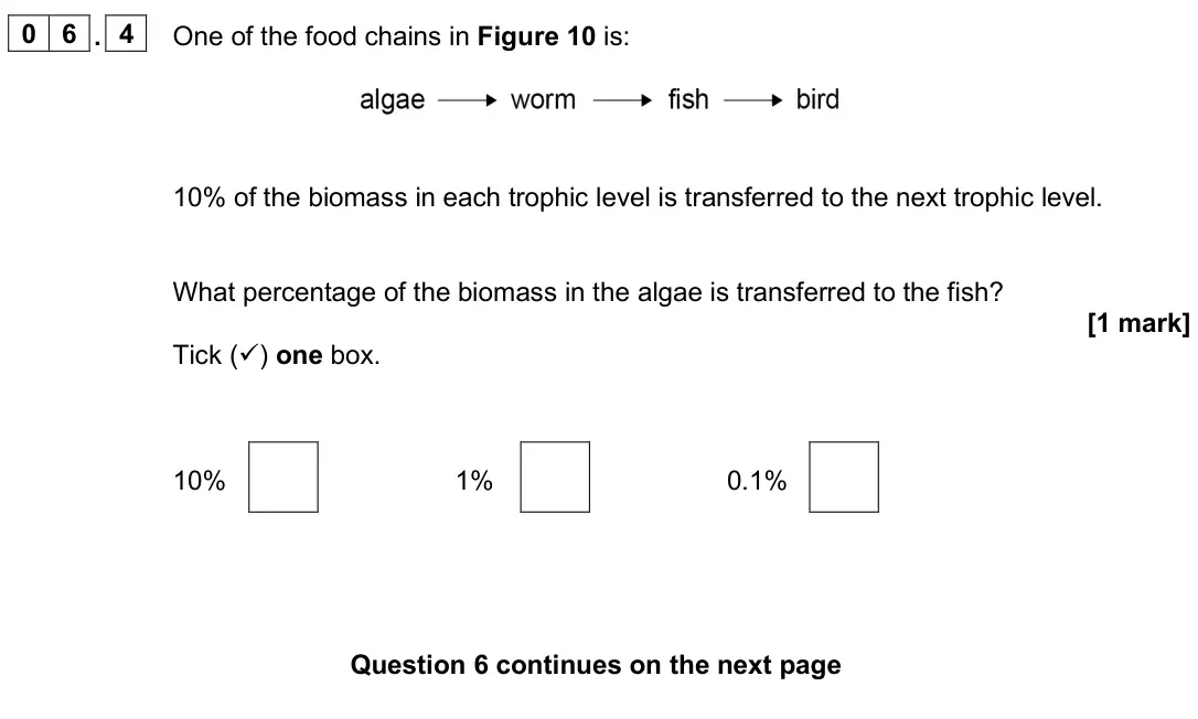 June 2025 Paper 2 Foundation, question 06.4: One of the food chains in Figure 10 is: 10% of the biomass in each trophic level is transferred to the next trophic level. What percentage of the biomass in the