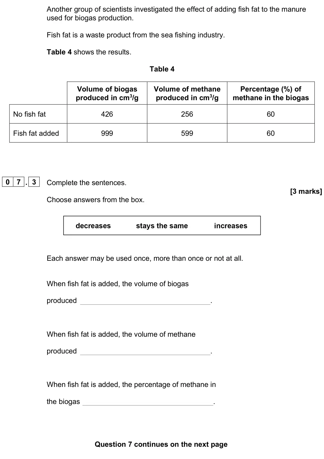 June 2025 Paper 2 Foundation, question 07.3: Complete the sentences. [3 marks] Choose answers from the box. Each answer may be used once, more than once or not at all. When fish fat is added, the volume of
