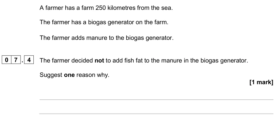 June 2025 Paper 2 Foundation, question 07.4: The farmer decided not to add fish fat to the manure in the biogas generator. Suggest one reason why. [1 mark]