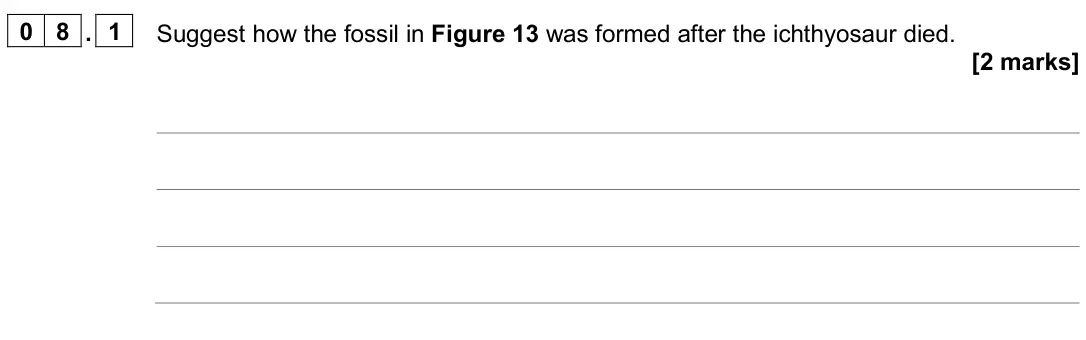 June 2025 Paper 2 Foundation, question 08.1: Suggest how the fossil in Figure 13 was formed after the ichthyosaur died. [2 marks]