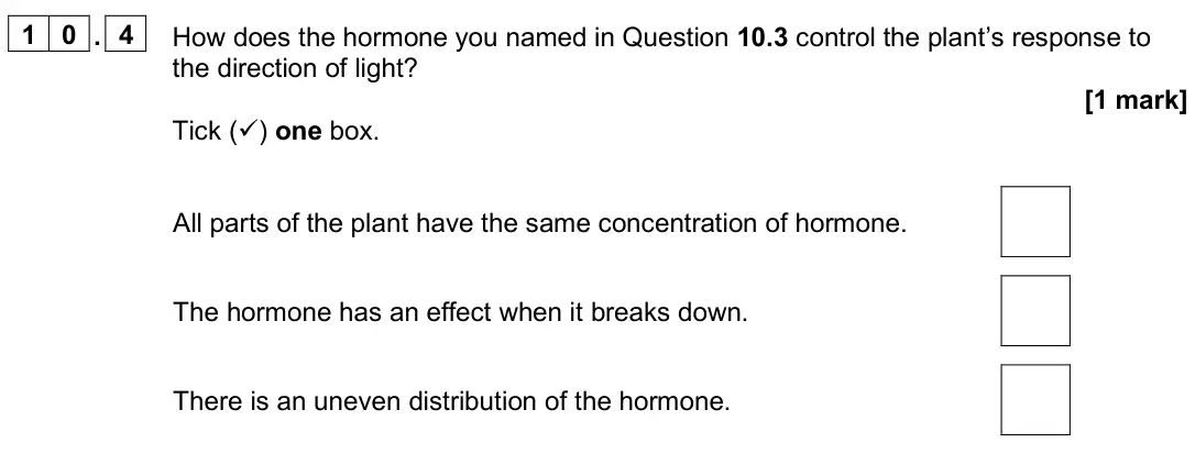 June 2025 Paper 2 Foundation, question 10.4: How does the hormone you named in Question 10.3 control the plant’s response to the direction of light? [1 mark] Tick () one box. All parts of the plant have t
