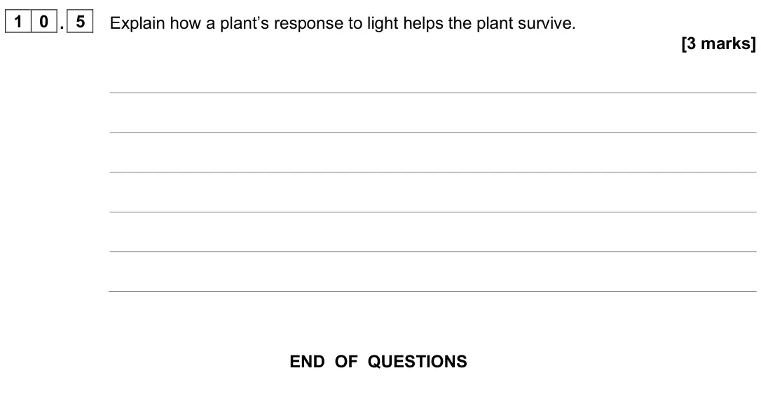 June 2025 Paper 2 Foundation, question 10.5: Explain how a plant’s response to light helps the plant survive. [3 marks]