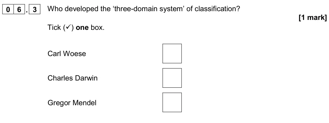 November 2020 Paper 2 Foundation, question 06.3: Who developed the ‘three-domain system’ of classification? [1 mark] Tick () one box. Carl Woese Charles Darwin Gregor Mendel
