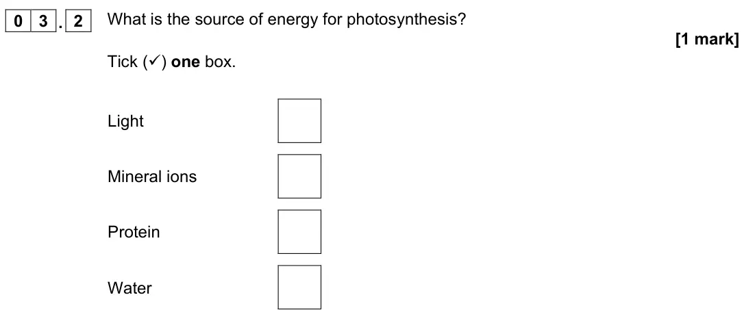 November 2021 Paper 2 Foundation, question 03.2: What is the source of energy for photosynthesis? [1 mark] Tick () one box. Light Mineral ions Protein Water