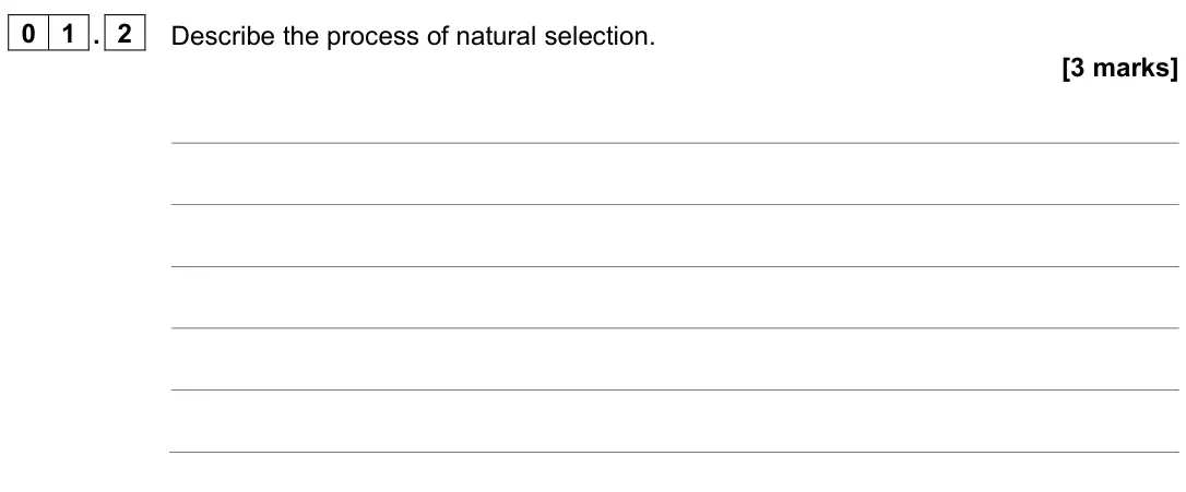 June 2024 Paper 2 Higher, question 01.2: Describe the process of natural selection. [3 marks]