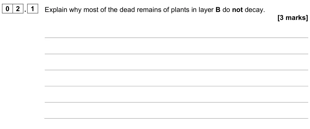 June 2024 Paper 2 Higher, question 02.1: Explain why most of the dead remains of plants in layer B do not decay. [3 marks]