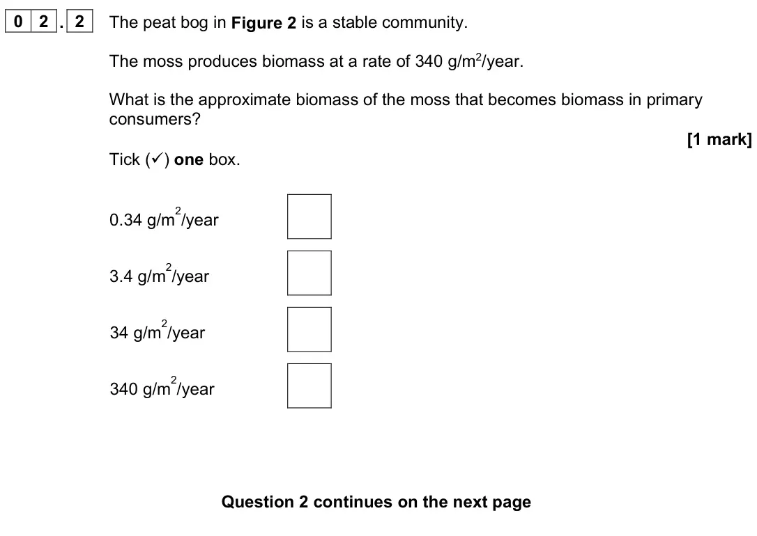 June 2024 Paper 2 Higher, question 02.2: The peat bog in Figure 2 is a stable community. The moss produces biomass at a rate of 340 g/m2/year. What is the approximate biomass of the moss that becomes b
