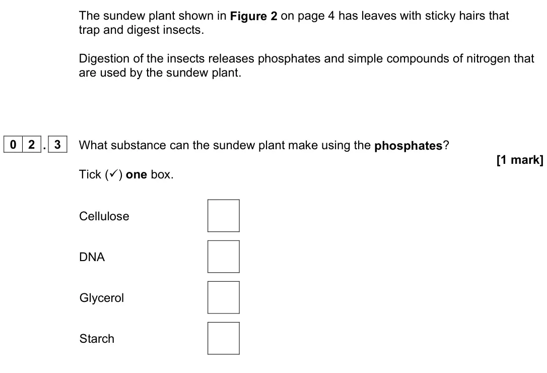 June 2024 Paper 2 Higher, question 02.3: What substance can the sundew plant make using the phosphates? [1 mark] Tick () one box. Cellulose DNA Glycerol Starch