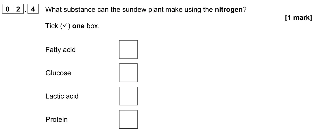 June 2024 Paper 2 Higher, question 02.4: What substance can the sundew plant make using the nitrogen? [1 mark] Tick () one box. Fatty acid Glucose Lactic acid Protein