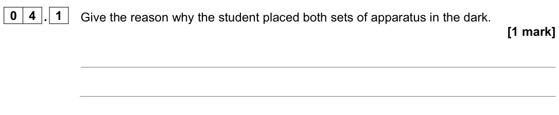 June 2024 Paper 2 Higher, question 04.1: Give the reason why the student placed both sets of apparatus in the dark. [1 mark]