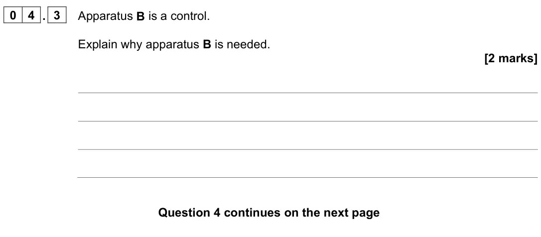 June 2024 Paper 2 Higher, question 04.3: Apparatus B is a control. Explain why apparatus B is needed. [2 marks]