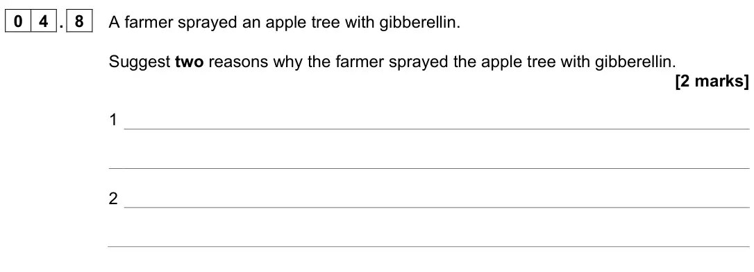 June 2024 Paper 2 Higher, question 04.8: A farmer sprayed an apple tree with gibberellin. Suggest two reasons why the farmer sprayed the apple tree with gibberellin. [2 marks] 1 2