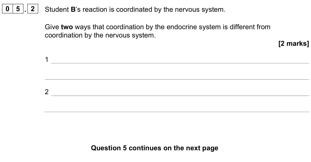 June 2024 Paper 2 Higher, question 05.2: Student B’s reaction is coordinated by the nervous system. Give two ways that coordination by the endocrine system is different from coordination by the nervous
