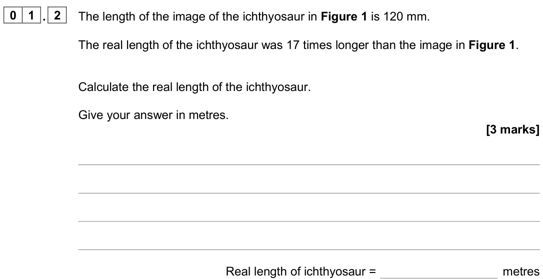 June 2025 Paper 2 Higher, question 01.2: The length of the image of the ichthyosaur in Figure 1 is 120 mm. The real length of the ichthyosaur was 17 times longer than the image in Figure 1. Calculate t