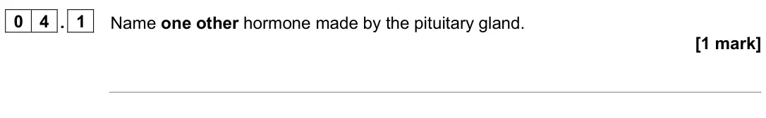 June 2025 Paper 2 Higher, question 04.1: Name one other hormone made by the pituitary gland. [1 mark]