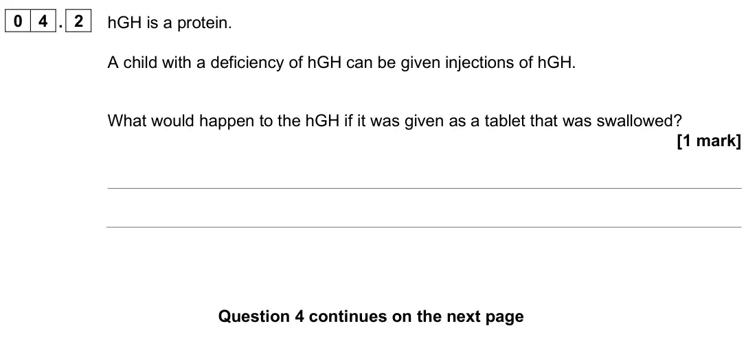 June 2025 Paper 2 Higher, question 04.2: hGH is a protein. A child with a deficiency of hGH can be given injections of hGH. What would happen to the hGH if it was given as a tablet that was swallowed?
