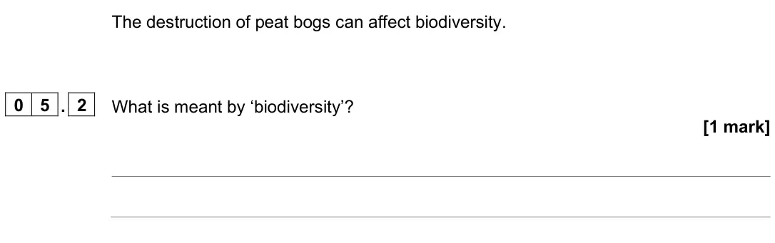 June 2025 Paper 2 Higher, question 05.2: What is meant by ‘biodiversity’? [1 mark]