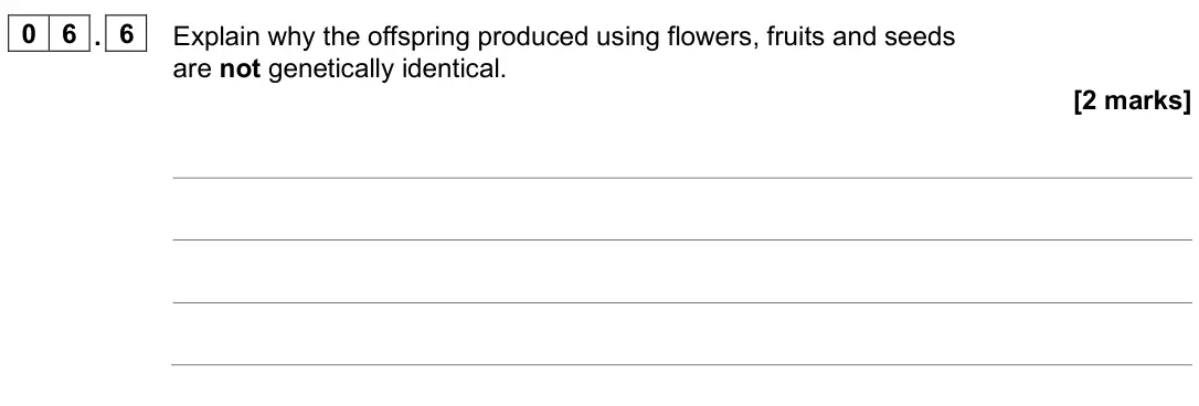 June 2025 Paper 2 Higher, question 06.6: Explain why the offspring produced using flowers, fruits and seeds are not genetically identical. [2 marks]
