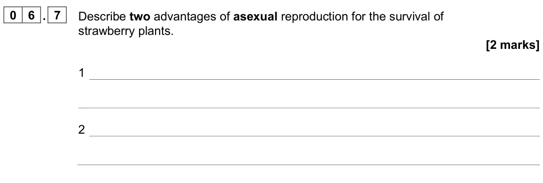 June 2025 Paper 2 Higher, question 06.7: Describe two advantages of asexual reproduction for the survival of strawberry plants. [2 marks] 1 2