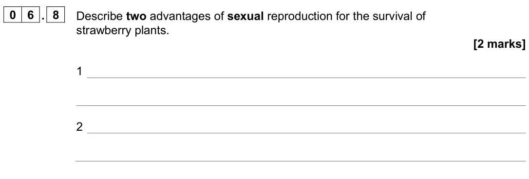 June 2025 Paper 2 Higher, question 06.8: Describe two advantages of sexual reproduction for the survival of strawberry plants. [2 marks] 1 2