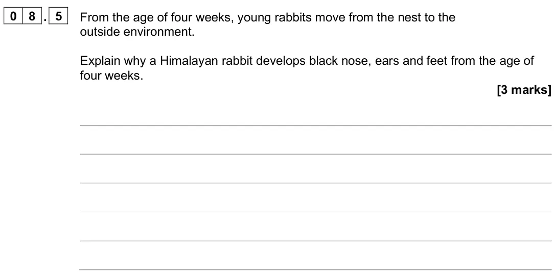 June 2025 Paper 2 Higher, question 08.5: From the age of four weeks, young rabbits move from the nest to the outside environment. Explain why a Himalayan rabbit develops black nose, ears and feet from 