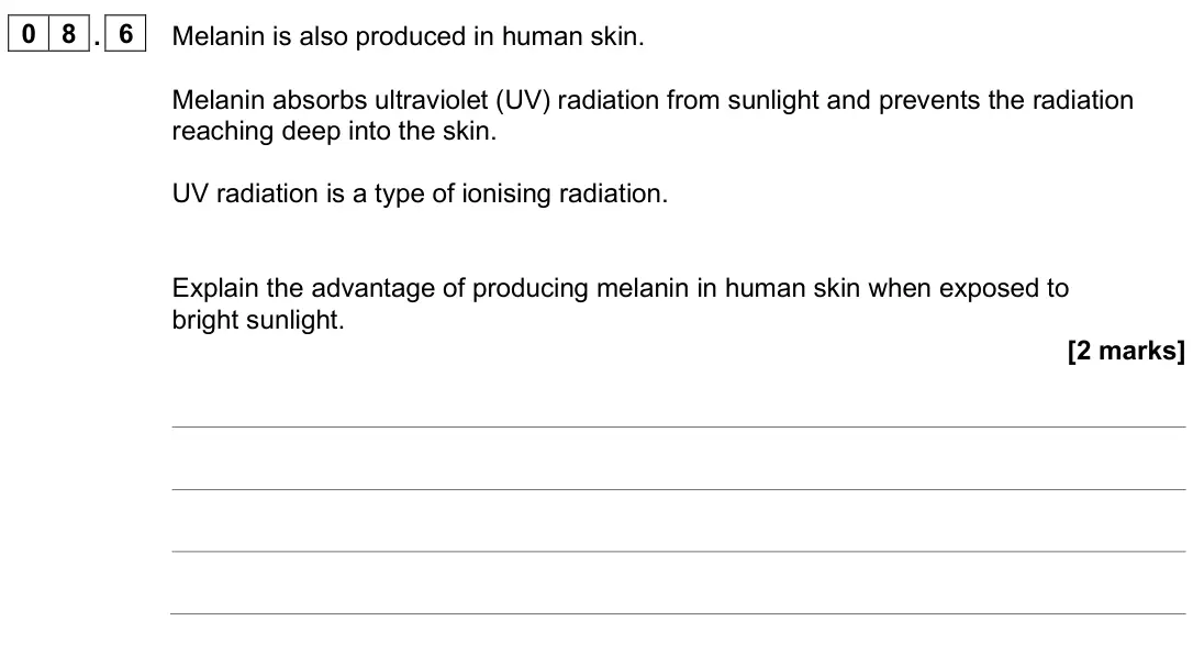 June 2025 Paper 2 Higher, question 08.6: Melanin is also produced in human skin. Melanin absorbs ultraviolet (UV) radiation from sunlight and prevents the radiation reaching deep into the skin. UV radi