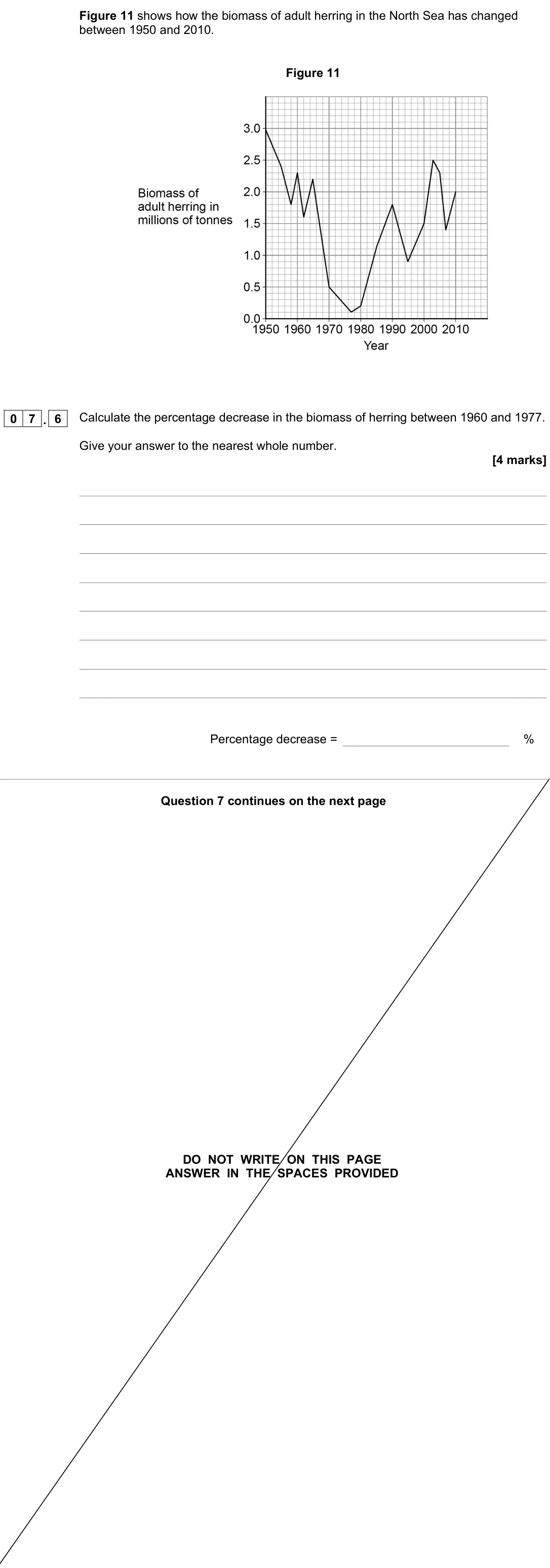 November 2021 Paper 2 Higher, question 07.6: Calculate the percentage decrease in the biomass of herring between 1960 and 1977. Give your answer to the nearest whole number. [4 marks] Percentage decrease =